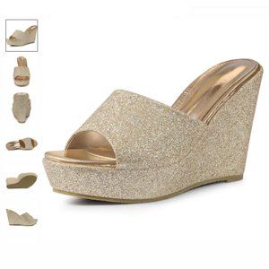 Allegra K Glitter Platform Slip On Wedge Heel Sandals